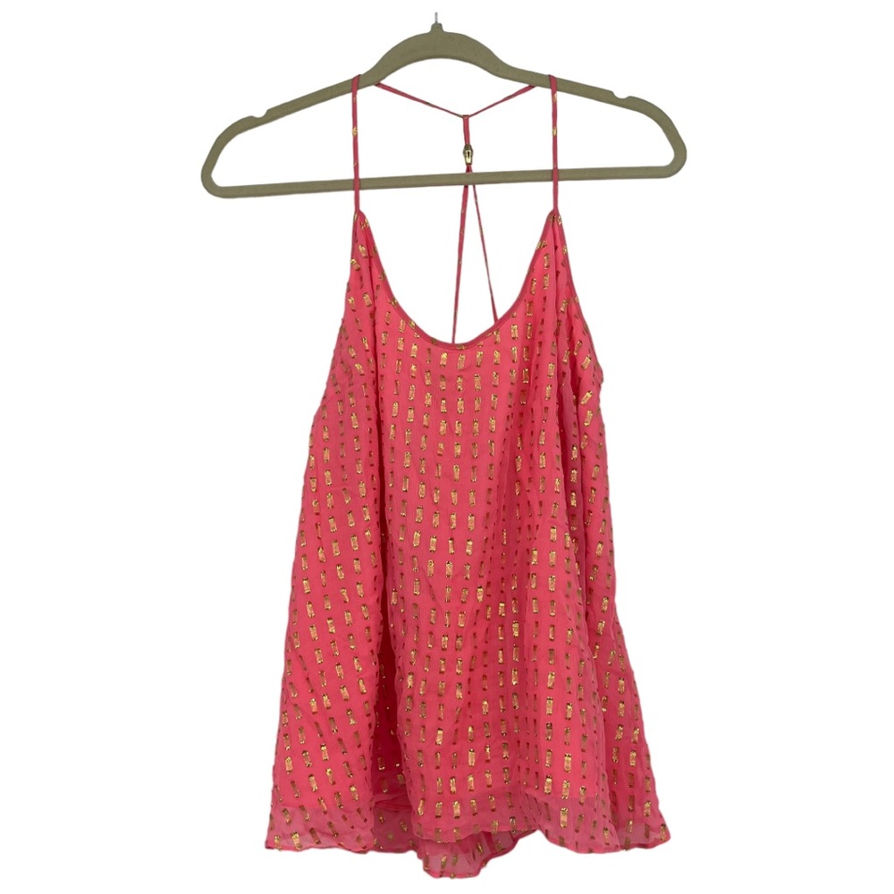 Lilly Pulitzer • Maisy Silk Racerback Cami Size Large Silk Pink + Gold Metallic